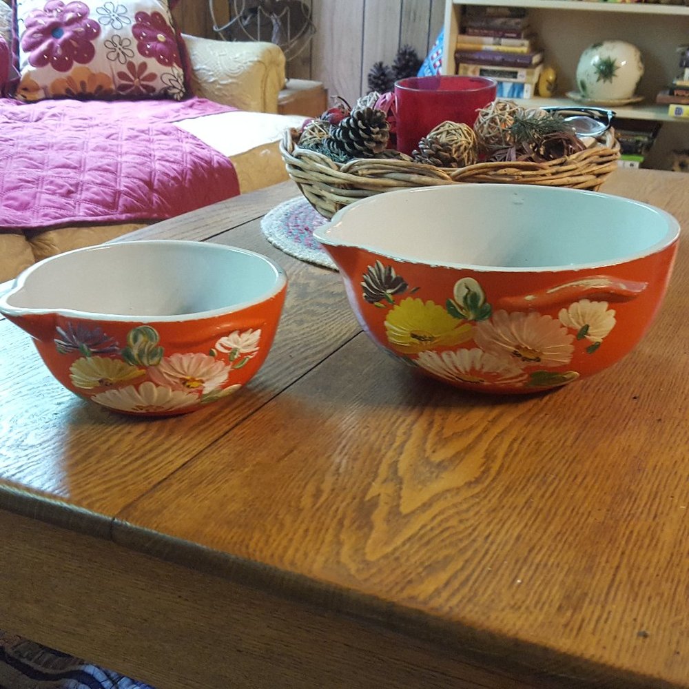 2 VTG Handpainted Ransburg Pottery Batter Bowls
